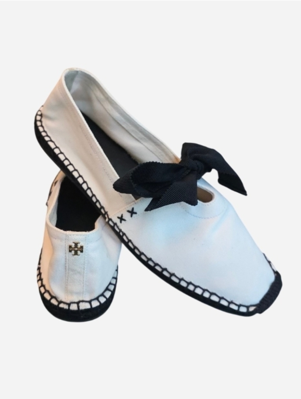 Tory Burch Black & White Canvas Bow Espadrille Flats - Size 8.5